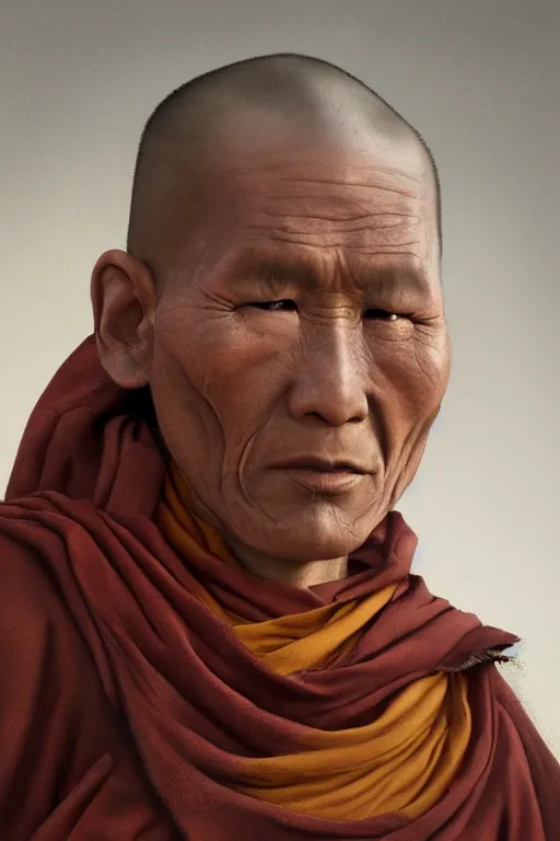 Image similar to Tibetan monk, portrait, poor, intricate, elegant, volumetric lighting, scenery, digital painting, highly detailed, artstation, sharp focus, illustration, concept art,ruan jia, steve mccurry