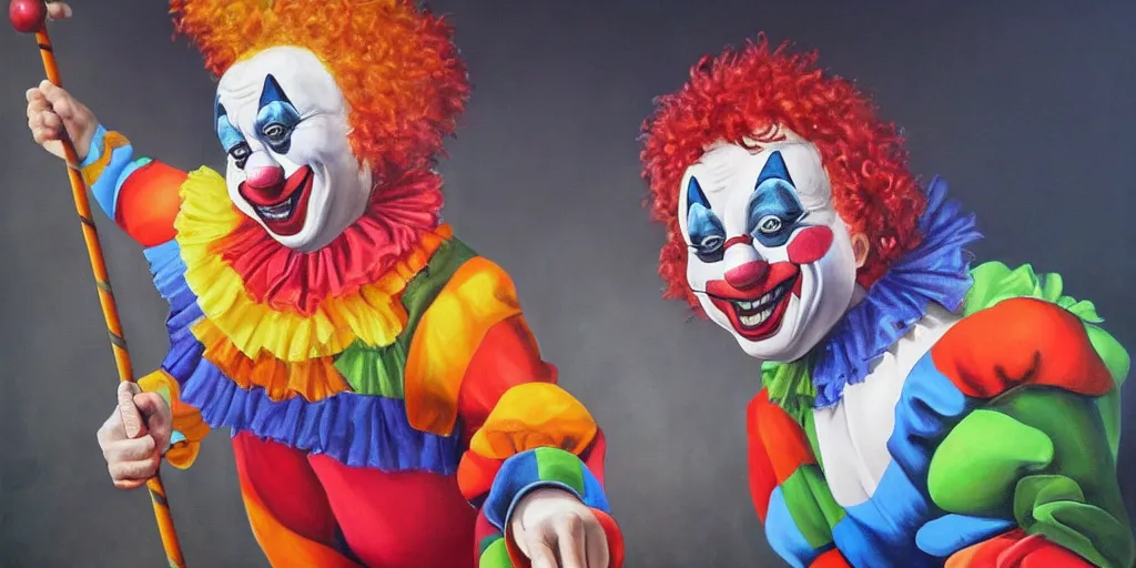 Image similar to a clown riding another clown high resolution amazing realistic painting