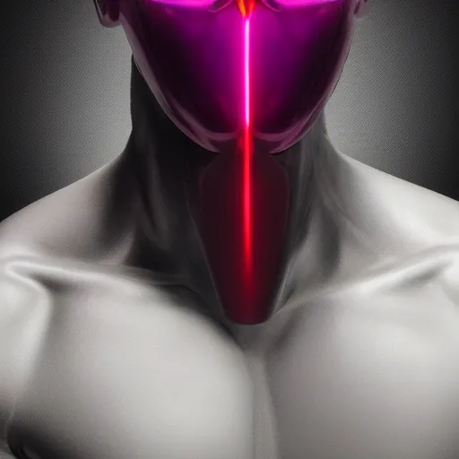 Prompt: male cyborg body profile cyberpunk neon metal glow red purple black science fiction hd 8 k by caravaggio