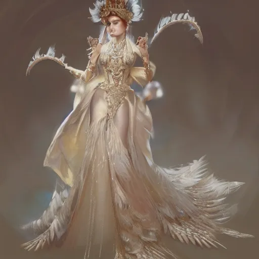 Image similar to a realistic queen with a decorated dress made of white pearls and white plumes of swan, highly detailed, digital painting, Trending on artstation , HD quality, by artgerm and greg rutkowski and alphonse mucha, dramatic light, octane