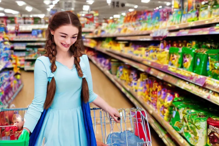 Prompt: anna from frozen shopping in a supermarket, ultra realistic, photorealistic