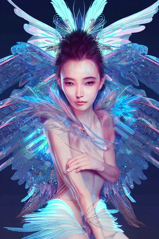 Image similar to portrait futuristic goddess angel Girl with wings and feathers, in future cyberpunk tokyo rooftop , ssci-fi, fantasy, intricate, very very beautiful, elegant, human anatomy, human structure, neon light, highly detailed, digital painting, artstation, concept art, smooth, sharp focus, illustration, art by tian zi and WLOP and alphonse mucha