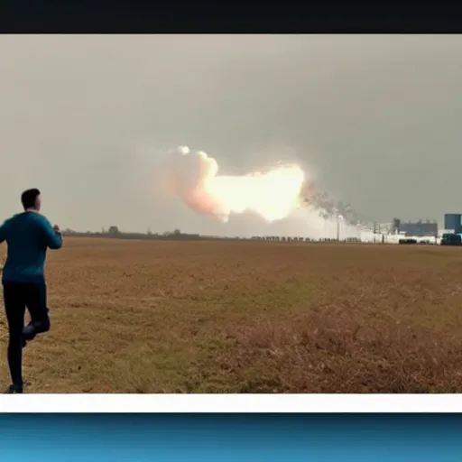 Image similar to cctv footage of a man running across a field, in the background is a large explosion, highly detailed, very realistic.