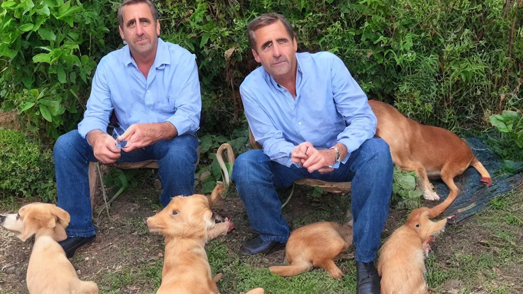 Image similar to My dad Steve just took a hit from the bongo and have good time being gracefully relaxed in the garden, sunset lighting. My second name is Carell. My dad second name is Carell. Im the dog and Steve Carell is my dad. Detailed face