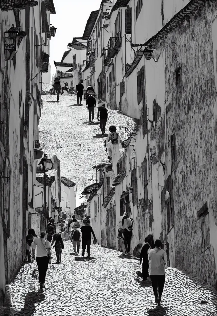 Image similar to ouro preto black and white barroc, photo close view of street with people walking