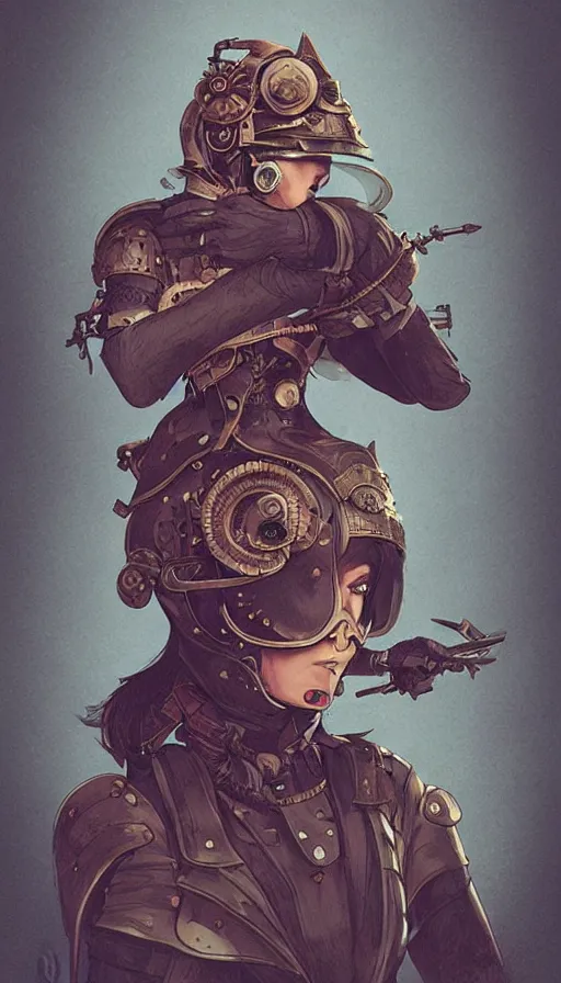 Image similar to steampunk helmet, female warrior, sharp focus, james gilleard, moebius, print, game art