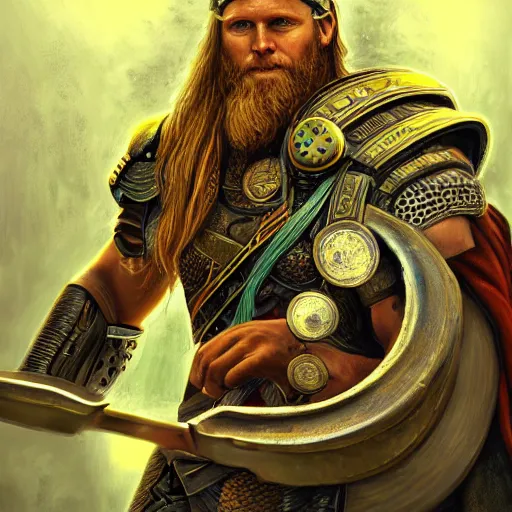 Prompt: mythological viking thor Shaman of artificial intelligence creating an artificial neural network with yellow synapses on an anvil, high resolution, award winning art, trending on art station, sharp image, incredibly detailed, detailed character realistic painting