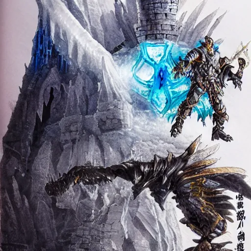 Image similar to highly detailed ice castle floating high above the ground being circled by a small white ice dragon, drawn by Yoji Shinkawa, water color, Dungeons and Dragons, Wizards of the Coast