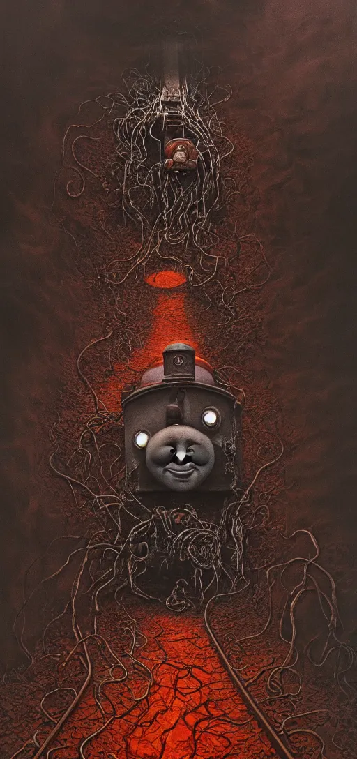 Image similar to thomas the tank engine in style of zdzisław beksinski, extremely dramatic lighting, 8 k, tendrils, black, darkness, black slime tendrils, infected, rust, body horror, thomas the train, thomas the tank engine face, horror,