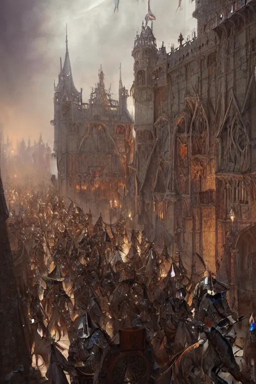 Image similar to medieval parade of knights, holiday, by wlop, by luis royo, by peter mohrbacher, concept art, digital illustration, intricate, masterpiece, elegant, super detailed, unreal engine rendering, smooth, sharp focus, artstation hq