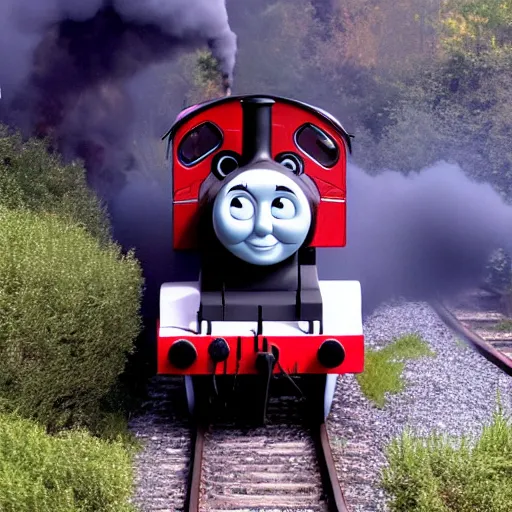 Image similar to thomas the tank engine of death red eyes smoke, dark