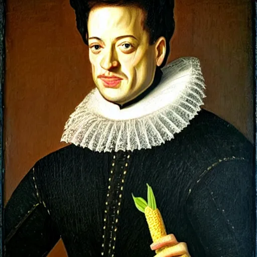 Prompt: a 1 6 0 0 s portrait painting of brendan fraser holding corn, intricate, elegant, highly detailed