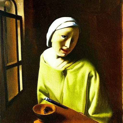 Prompt: Oil painting The Ghost of Vermeer of Delft Which Can Be Used As a Table by Salvador Dali