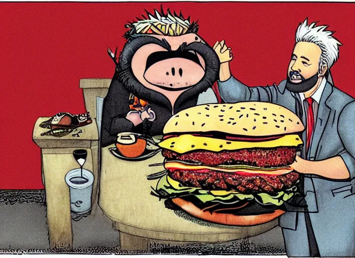 Image similar to guy fieri eating a giant bacon cheeseburger in flavortown, by edward gorey