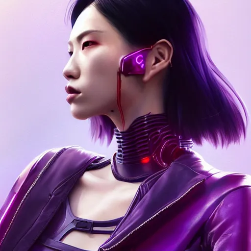 Prompt: Full body portrait of Japanese female, Cyberpunk 2077, cyborg neck, cybernetic neck implant, Wearing futuristic short violet leather jacket, intricate, elegant, highly detailed, digital painting, artstation, concept art, smooth, sharp focus, illustration, art by artgerm and greg rutkowski