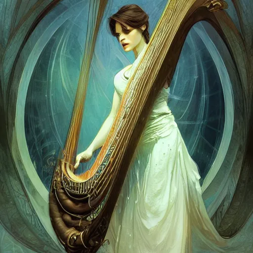 Image similar to a strange harp, d & d, fantasy, intricate, elegant, highly detailed, digital painting, artstation, concept art, smooth, sharp focus, illustration, art by artgerm and greg rutkowski and alphonse mucha