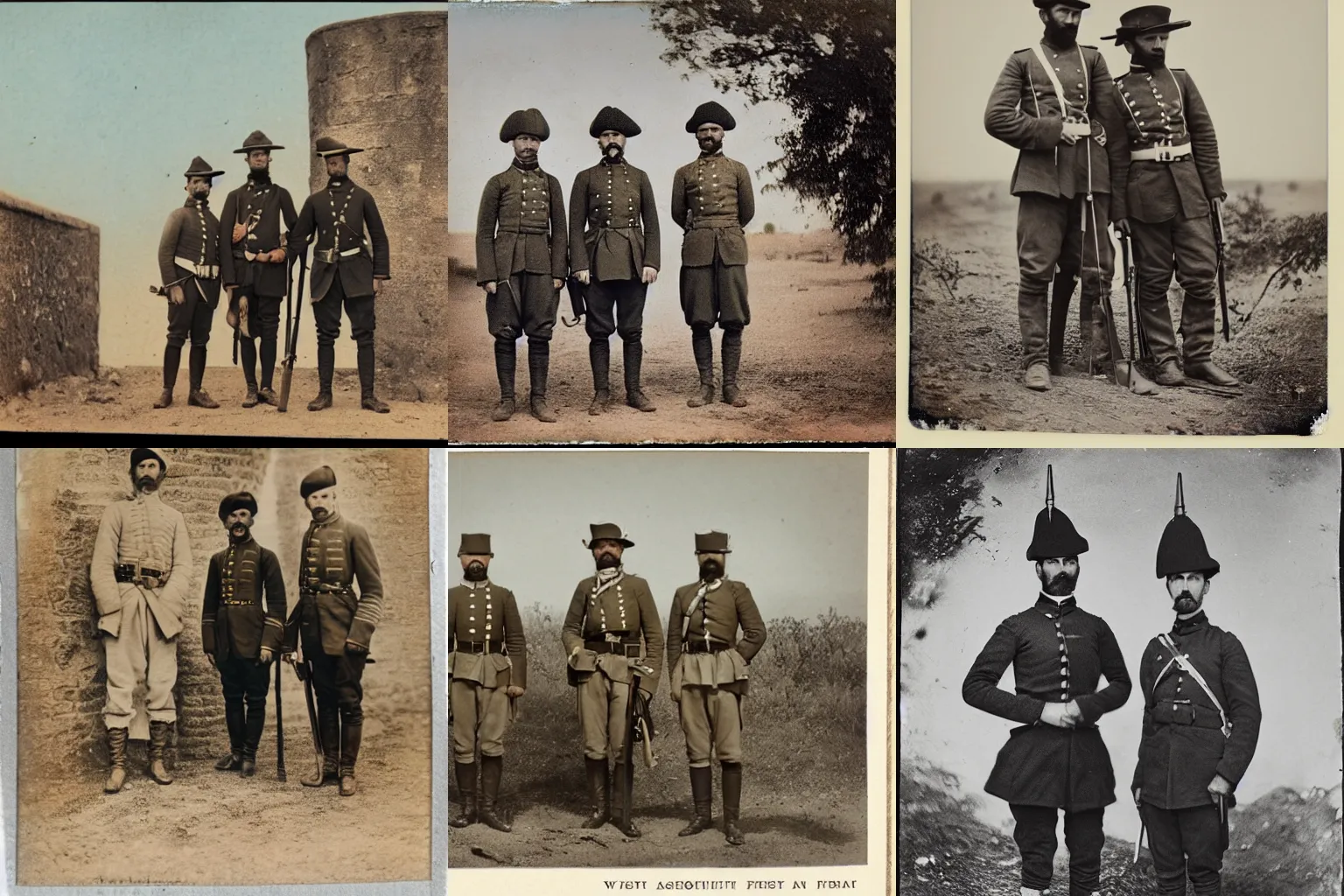 Prompt: high quality photography of colonial french soldiers standing next to an old west african fortress, photochrom print, postcard, 1 8 9 0.
