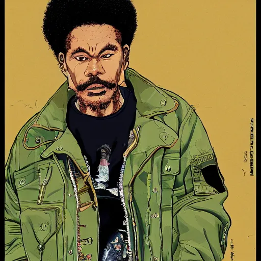 Image similar to illustration by katsuhiro otomo, black man with afro hair, raspy beard stubble, wearing an adidas army green jacket, in the streets of tokyo, akira style, by katsuhiro otomo