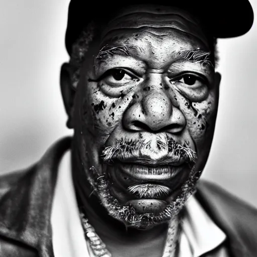 Image similar to a candid portrait photograph of Morgan Freeman starring as rapper The Notorious B.I.G, in the style of Chi Mondu, shallow depth of field, 40mm lens