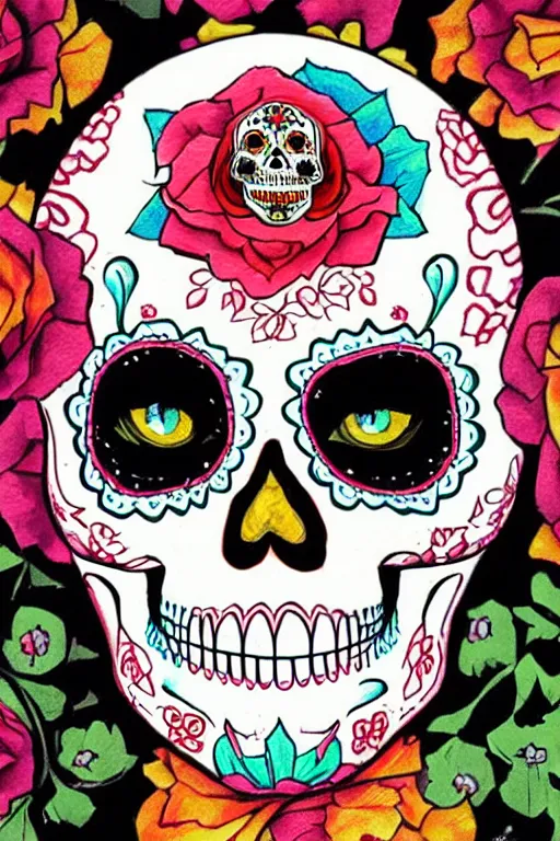 Image similar to illustration of a sugar skull day of the dead girl, art by mingchen shen