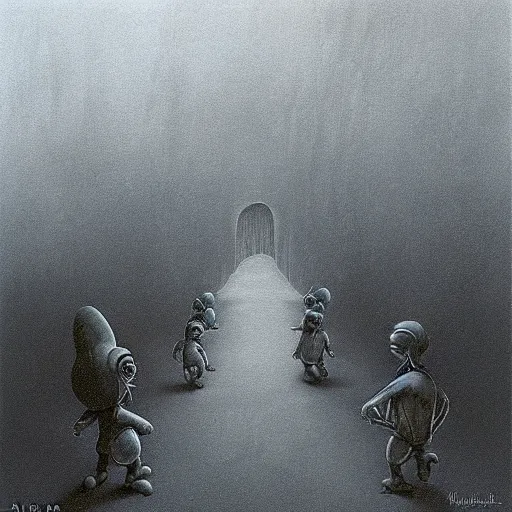 Prompt: smurfs in the style of zdzisław beksinski, creepy and scary atmosphere like nightmare