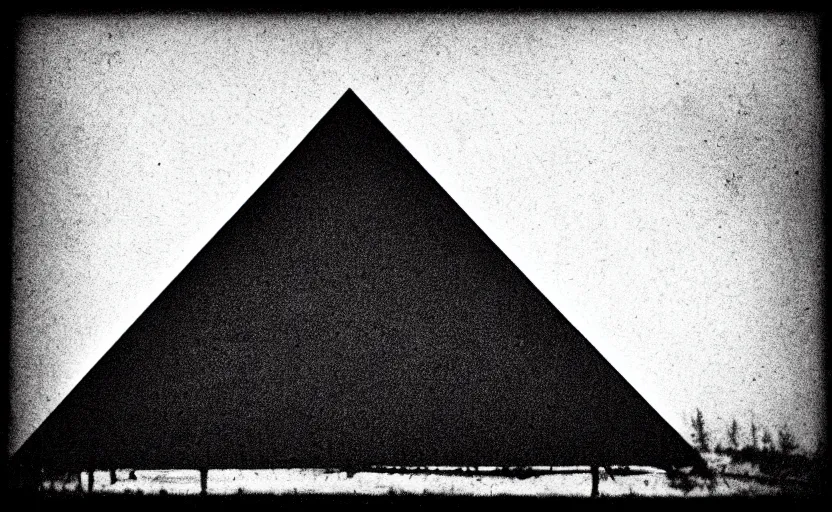 Prompt: black pyramid, wood, sunrise, lomography effect, scrathes, 60s photo, unfocus, monochrome, noise effects filter