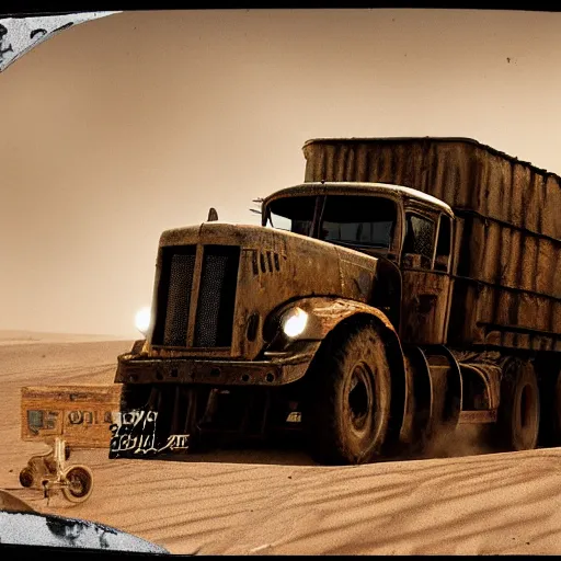 Prompt: old wetplate daguerreotype portrait tractor trailer truck in mad max : fury road ( 2 0 1 5 ), midday light, dust storm,