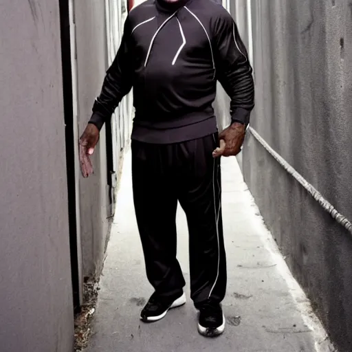 Prompt: WWE Hall of Famer Booker T, wearing a tracksuit, standing in a dark alleyway, cyberpunk