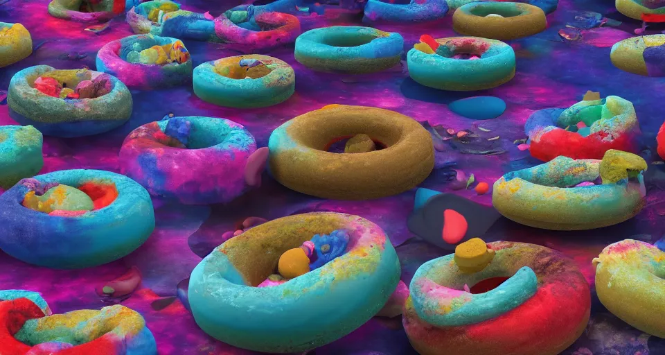 Prompt: storybook imagery. landscape photography of a turbulent donut ocean that is made up of a sea of giant donuts. claymation. diorama. digital art. colorful. render. 4 k. 8 k. trending. wallpaper.