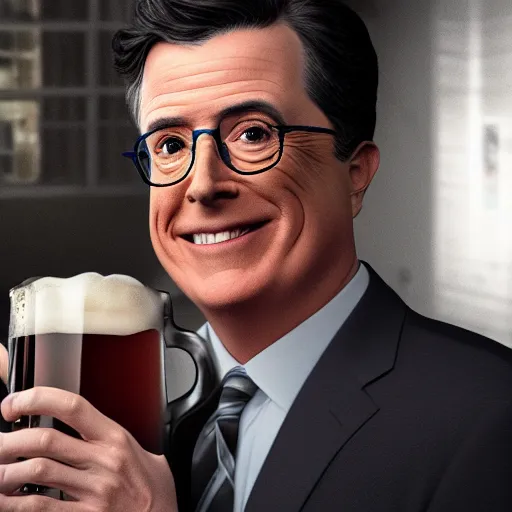 Image similar to stephen colbert face in a clear beer stein, concept art, 8 k, ultra realistic details