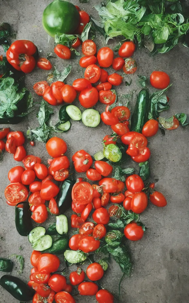 Prompt: a tomato surrounded by cucumbers threatening it with machine guns, 24 mm, 1.4, kodak portra 400