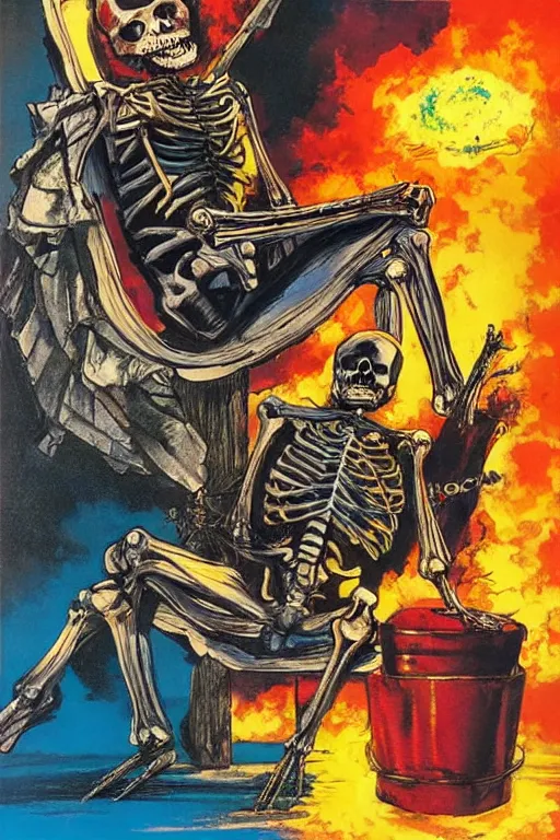 Image similar to Poster art of a Skeleton sitting in a chair sunbathing, with a nuke exploding in the background by Neal Adams