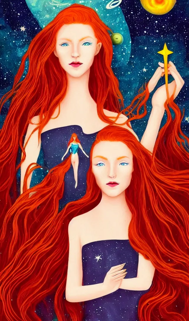 Image similar to tarot card of space astral girl, red hair, ginger hair, fantasy, glowing skin, smooth face, perfect eyes