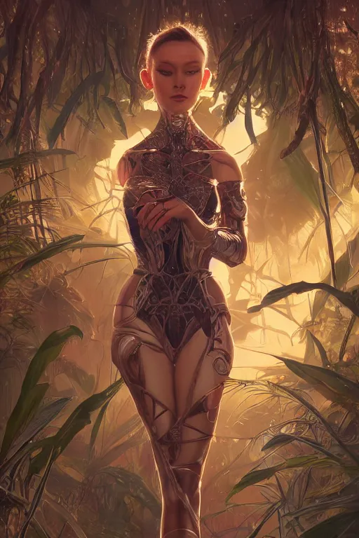 Image similar to stunningly beautiful, cyborg prima ballerina in jungle, symmetrical face, golden hour, smooth, focus, highly detailed, hyper realistic, dramatic lighting, elegant, intricate, concept art, art by wlop, mars ravelo, greg rutowski, artstation