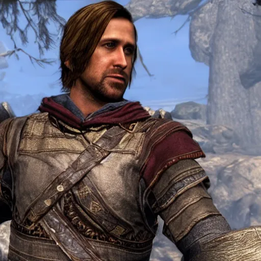 Prompt: screenshot of Ryan Gosling as a bard in Skyrim