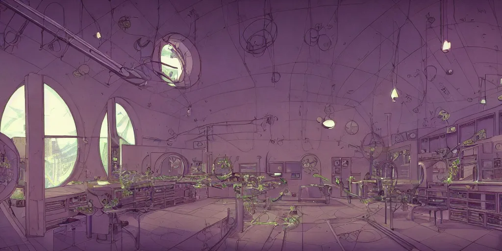 Prompt: illustrated 90s science lab interior with organic circular windows, natural starlight, bright colors, romantic greenery, flowers, cinematic, cyberpunk, smooth, chrome, lofi, nebula, calming, dramatic, fantasy, by Moebius, by zdzisław beksiński, fantasy LUT, studio ghibli, high contrast, epic composition, sci-fi, dreamlike, surreal, angelic, 8k, unreal engine, hyper realistic, fantasy concept art,