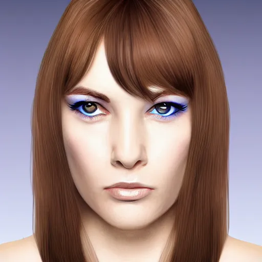 Prompt: a white woman with light blue eyes, a fringe that goes below the eyebrows, a brown mole on the middle of the right cheek and dark brown hair that goes down to her shoulders, head and shoulders shot, digital art