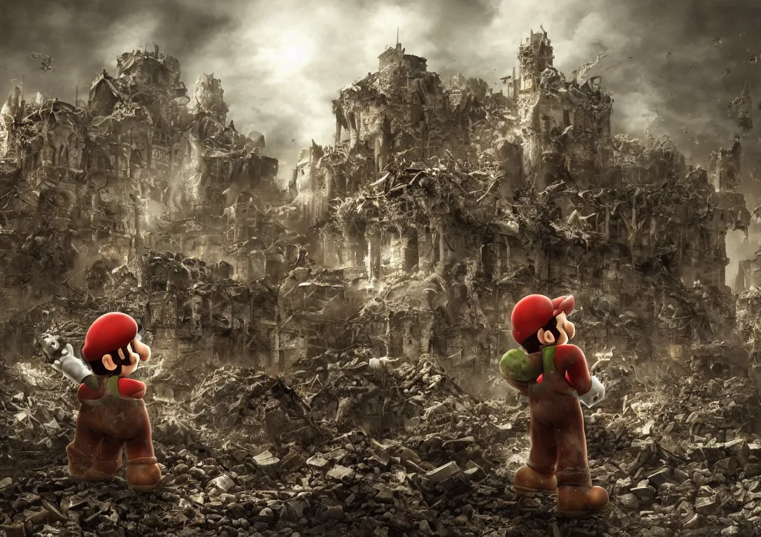 Image similar to super mario hiding behind a brick wall from Giga Bowser in the distance in a destroyed kingdom, Resident Evil virus concept art, highly detailed, horror, scary, terrifying, horrific, hd 4k