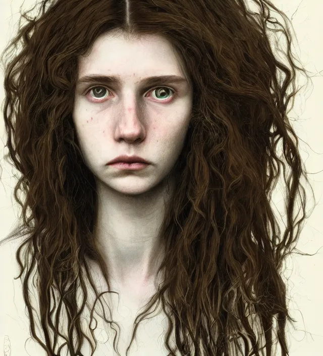 Prompt: portrait of shy american teenage fantasy witch, grzegorz rutkowski, symmetry, deep dark forest, dramatic lighting, moody, directional lighting, awkward, intelligent, contemplative, frizzy brown hair, volumetric lighting, symmetrical face, pale scottish girl, nervous, art by alasdair gray, brown hair, sad blue eyes, trending on artstation