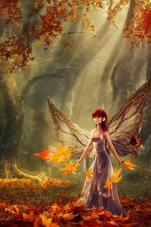 Prompt: a detailed RPG portrait of a fairy angel in an autumn forest with falling maple leaves by escume, twilight, crepuscular rays, fog, octane render, deviantart