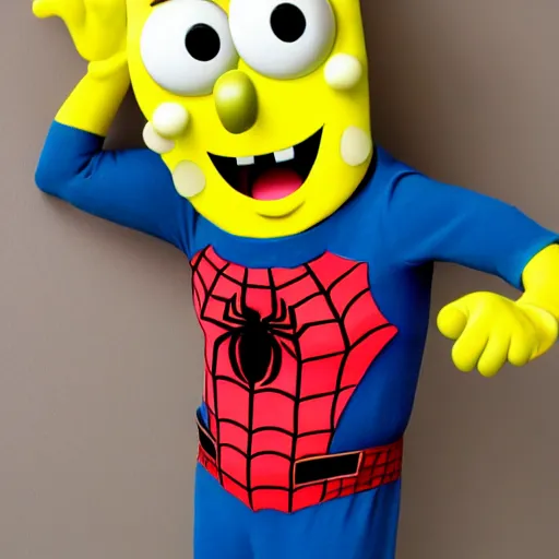 Prompt: Spongebob dressed in a Spider Man costume, with his spongy yellow hands and body