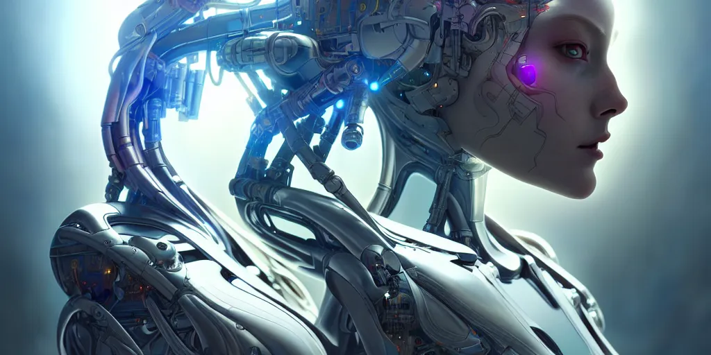 Image similar to ultra detailed, the creation of a female android, sci - fi, eerie, cyborg, cyberpunk, fantasy, triadic color scheme, octane render, matte painting, asymmetrical, intricate concept art, triadic color scheme, art by artgerm and michelangelo and dzo and greg rutkowski and alphonse mucha and wlop