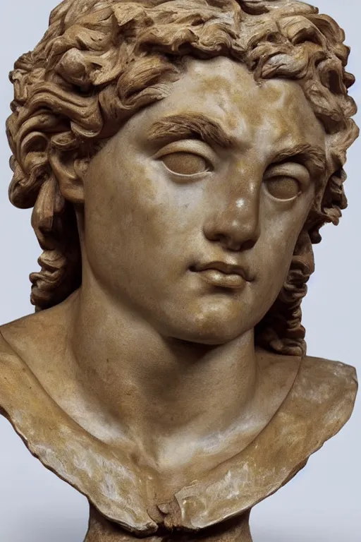 Image similar to a beautiful sculpture of a greek bust of apollon by jean - baptiste carpeaux and christophe charbonnel, rust and plaster materials