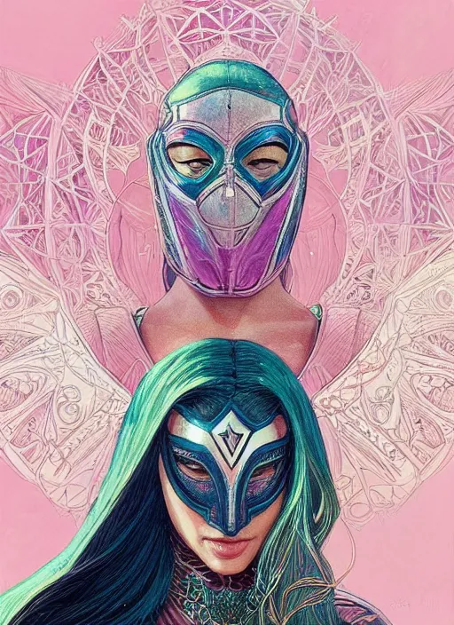 Prompt: “ gal gadot as adorable woman wear beautiful intricate mask, pastel color, iridescent, highly detailed, tarot card featured on artstation, cgsociety, artgerm, clear symmetrical face, by moebius, kelly mckernan, skeeva and tom bagshaw, 8 k, intricate details, fantasy, character design, concept art ”