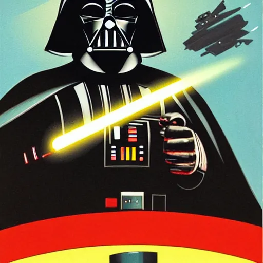 Image similar to Darth Vader in Soviet space propaganda poster