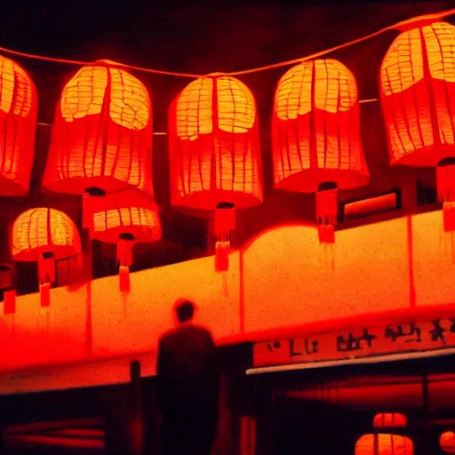 Image similar to night club, five red chinese lanterns, people's silhouettes close up, minimalism, by edward hopper