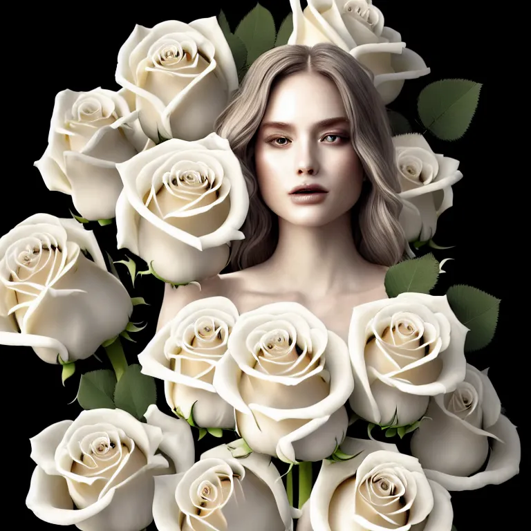 Image similar to wonderful symmetrical princess with a clear skin ornate of cream liquid semi transparent white roses, 8 k gorgeous delicate cream detailed, accent white lighting, dramatic light, octane render