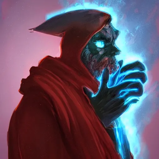 Prompt: A character study of an evil sorcerer with blue energy glowing from his hands, he has a red hat, concept art by Guillaume Menuel, character design, high detail, fantasy art