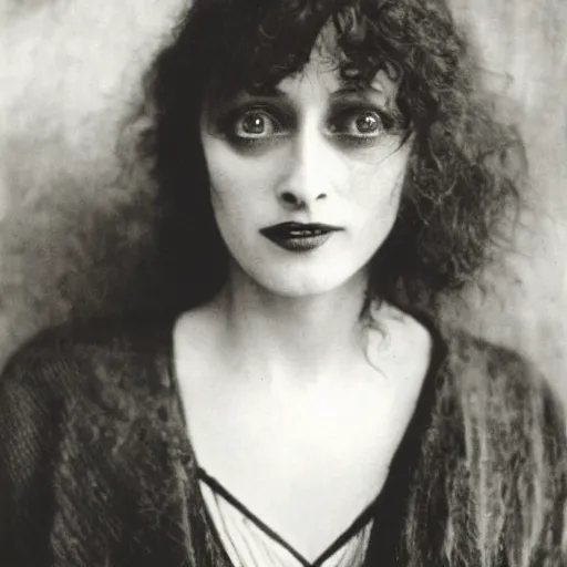 Image similar to headshot edwardian photograph of helena bonham carter, shelley duvall, glenn close, 1 9 2 0 s, sinister, evil, realistic face, 1 9 1 0 s, grainy, victorian, soft blur