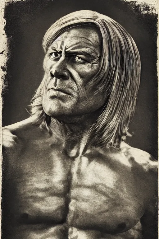 Prompt: he - man, portrait, full body, symmetrical features, silver iodide, 1 8 8 0 photograph, sepia tone, aged paper, sergio leone, master prime lenses, cinematic